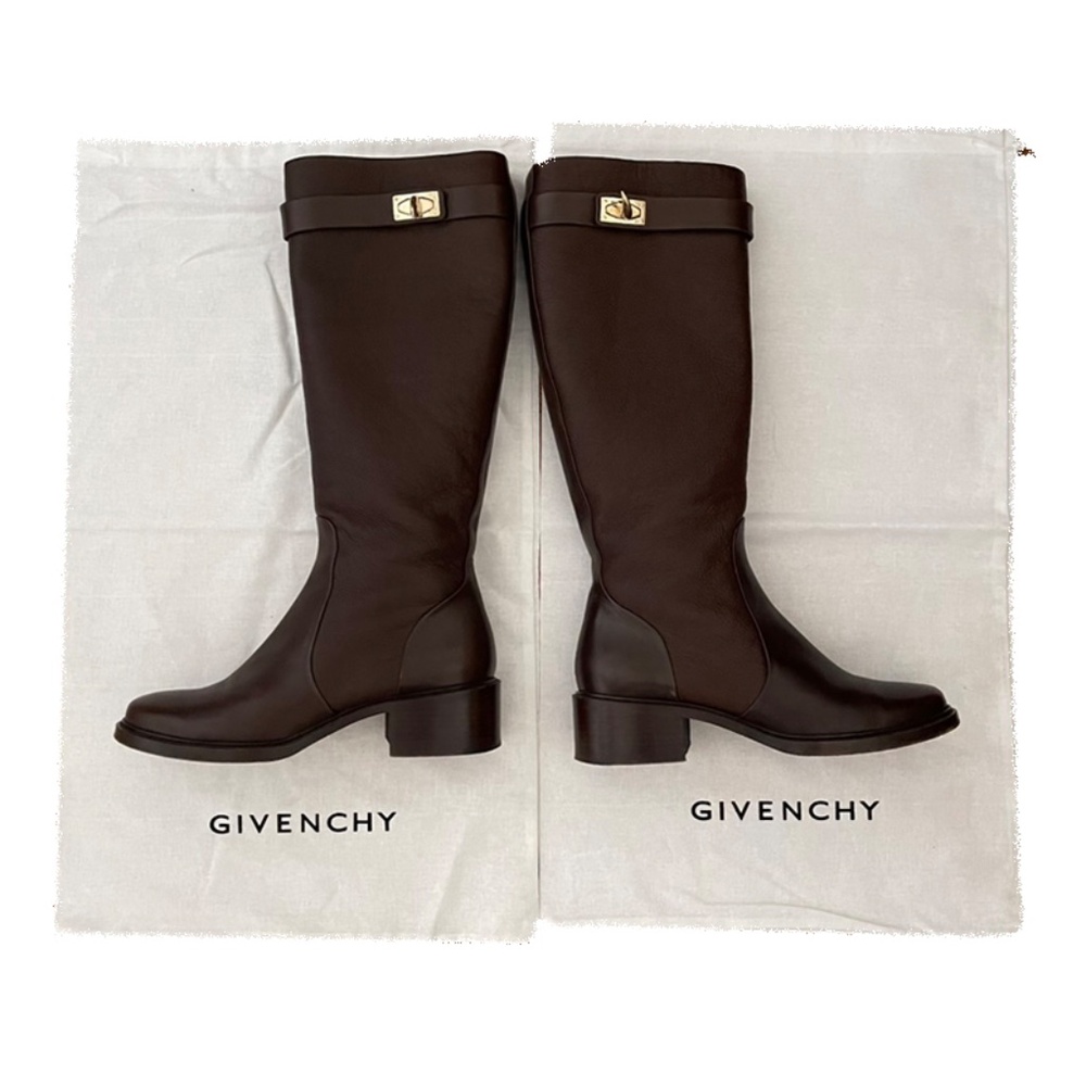 Givenchy - Brown- Leather Knee High Shark Lock Riding Boots Size 7.5